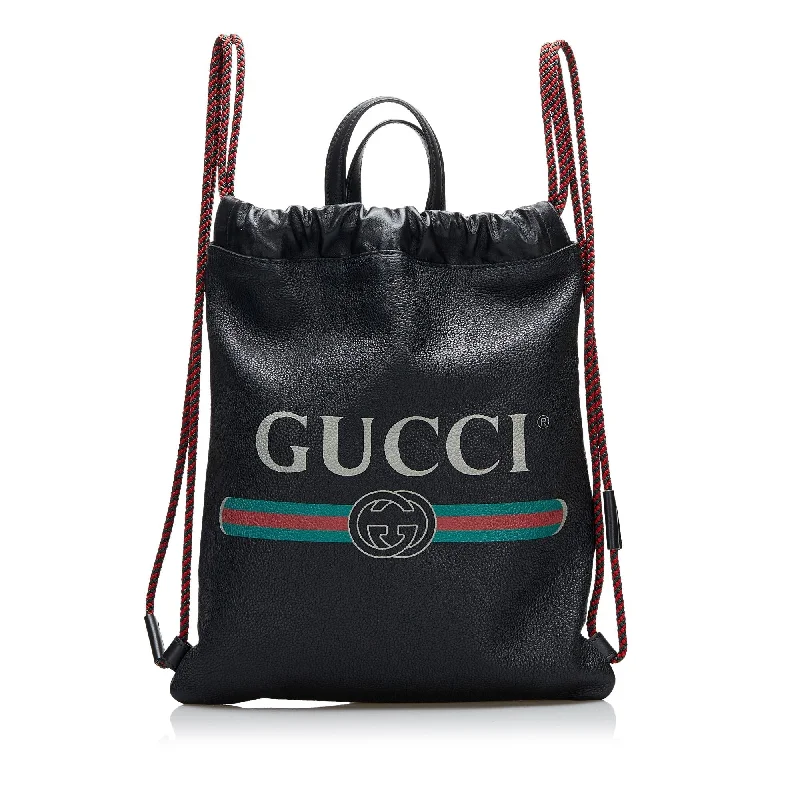 Breathable mesh backpack for hot weather hiking -Gucci Logo Drawstring Leather Backpack (SHG-f1YPPC)