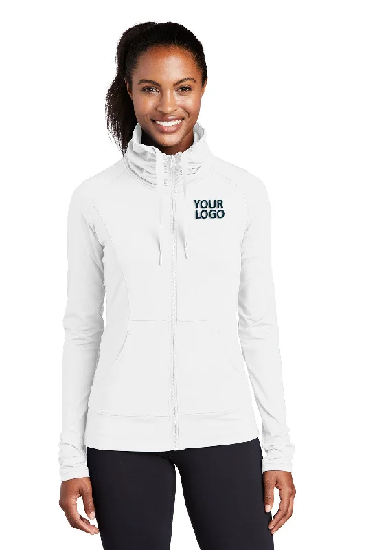 Business Jackets for Meetings -Jackets with high collar-Sport-Tek Ladies Sport-Wick Stretch Customized Full-Zip Jackets, White