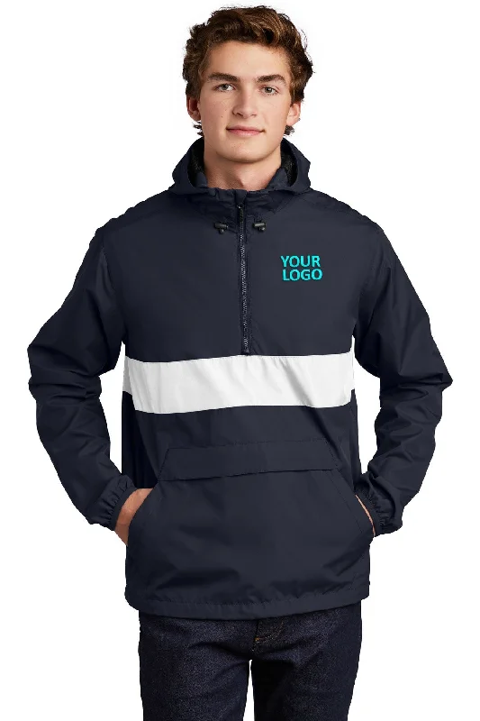 Hooded Jackets for Added Coverage -Jackets for snow-Sport-Tek Zipped Pocket Custom Anorak Jackets, True Navy/ White