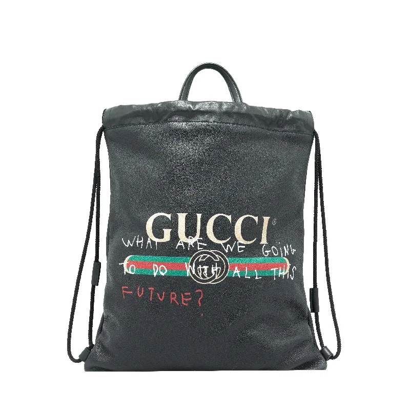 Foldable travel backpack for easy packing convenience -Gucci Logo Printed Drawstring Backpack Black