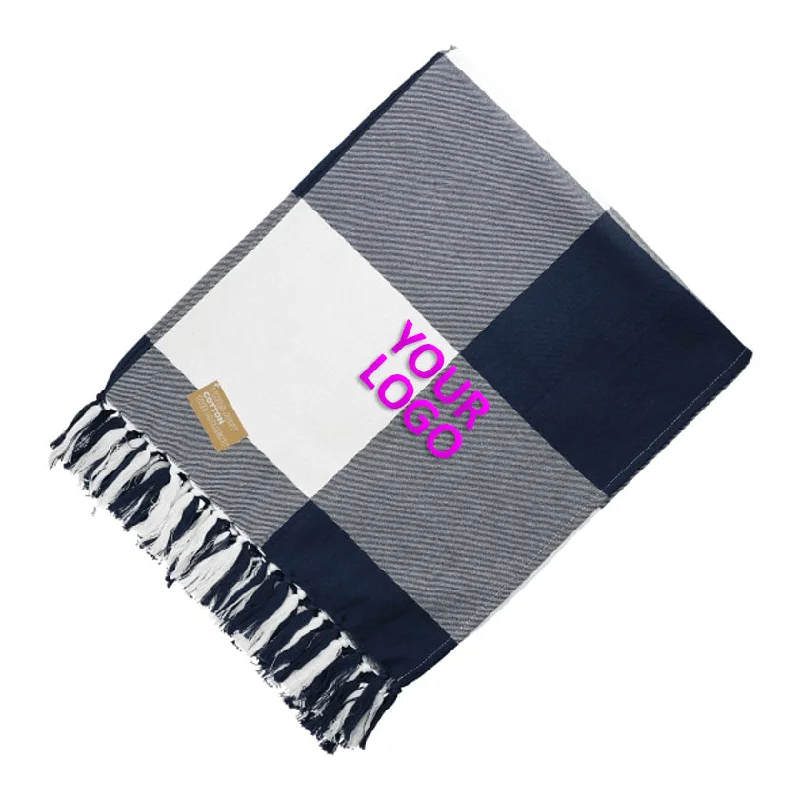 Hydration-compatible backpack for marathon running events -Field & Co Organic Cotton Check Branded Throw Blankets, Navy