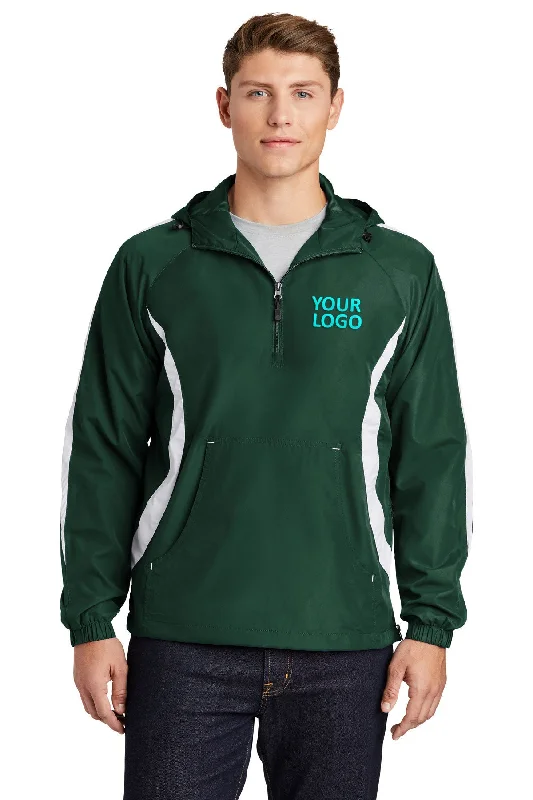 Waterproof Jackets for Outdoor -Jackets for formal occasions-Sport-Tek Colorblock Raglan Customized Anorak Jackets, Forest Green/White