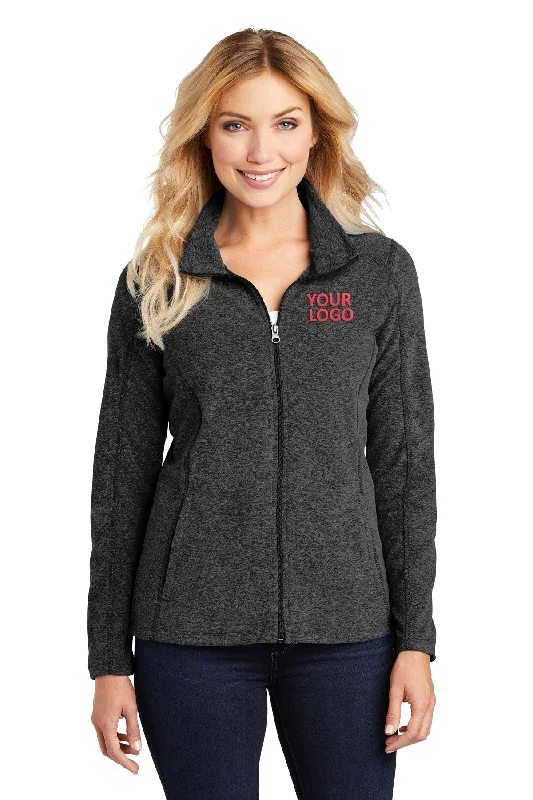 Denim Jackets for Casual Wear -Jackets for women-Port Authority Ladies Heather Microfleece Branded Full-Zip Jackets, Black Charcoal Heather