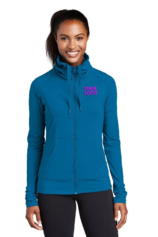 Party Jackets for Night Out -Jackets with lapel collar-Sport-Tek Ladies Sport-Wick Stretch Branded Full-Zip Jackets, Peacock Blue