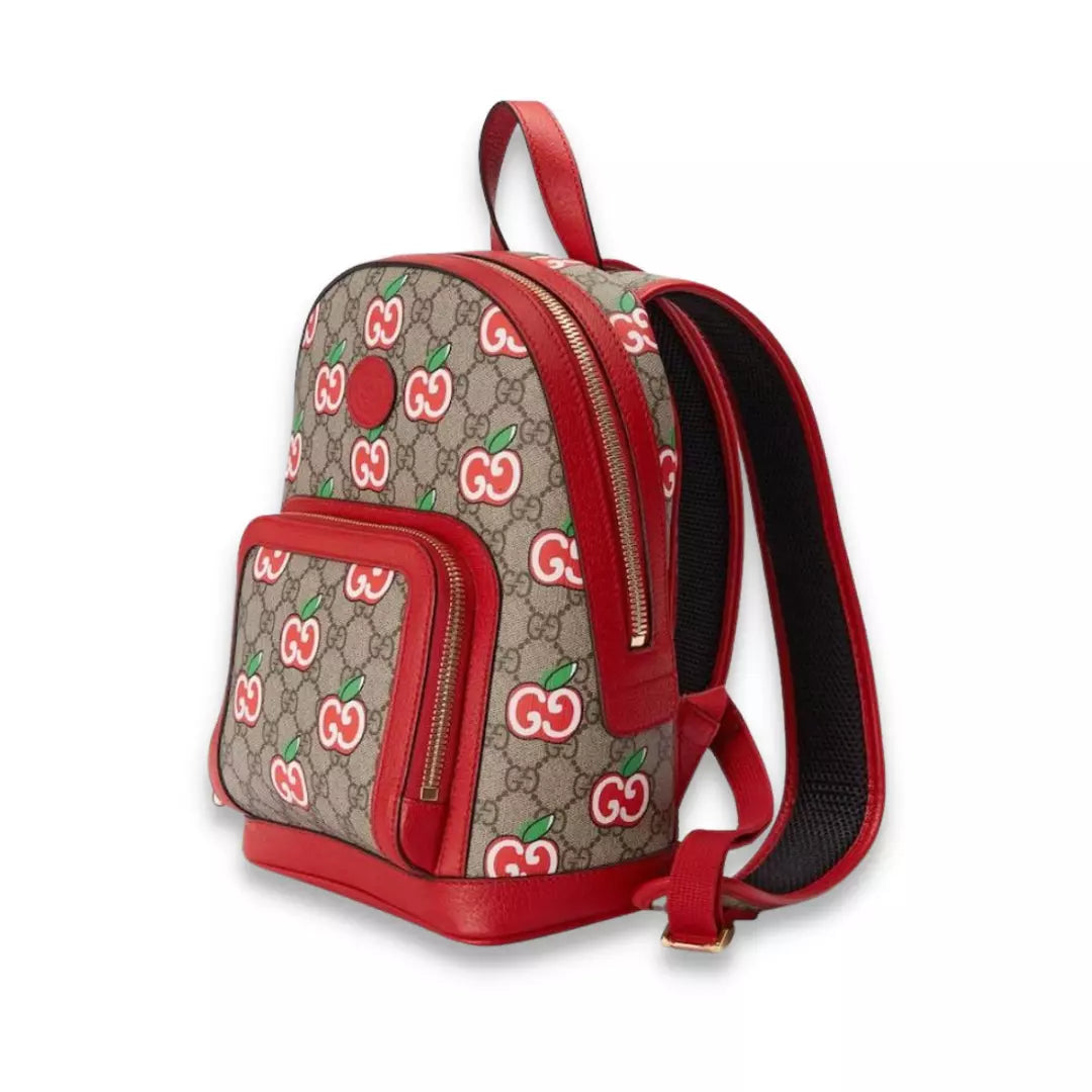 Designer backpack for high-end fashion enthusiasts -GUCCI RED GG SUPREME CANVAS APPLE BACKPACK