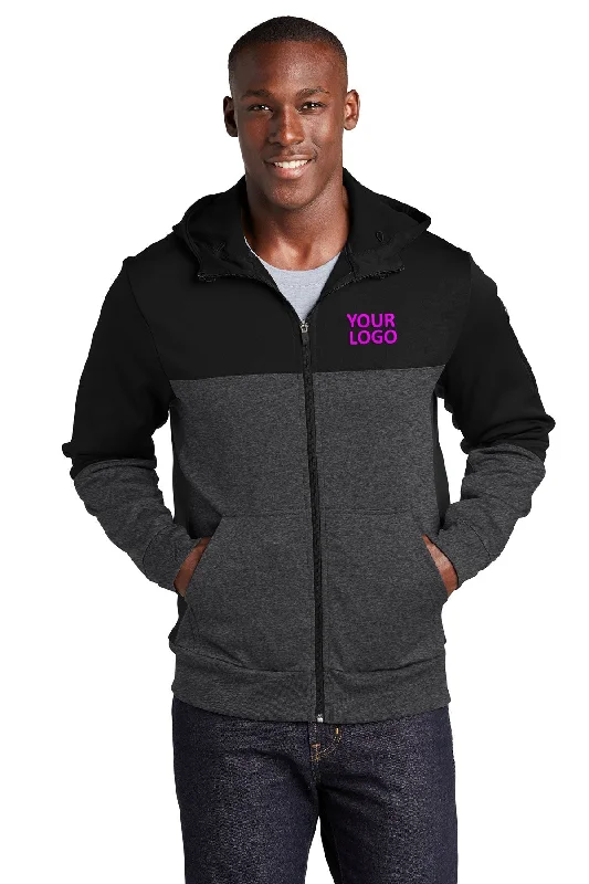 Checkered Jackets for Trendy -Jackets for sports-Sport-Tek Tech Fleece Colorblock Custom Full-Zip Hooded Jackets, Black/ Graphite Heather/ Black