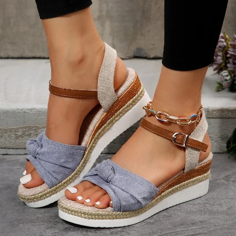 Trendy sandals for women with lace-up details and bold color accents for style-Sandals for men-Bow Linen Buckle Wedges Summer Sandals