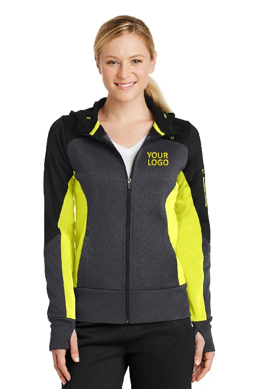 Weekend Jackets for Leisure -Jackets with removable hood-Sport-Tek Ladies Tech Fleece Colorblock Branded Full-Zip Hooded Jackets, Black/ Graphite Heather/ Citron