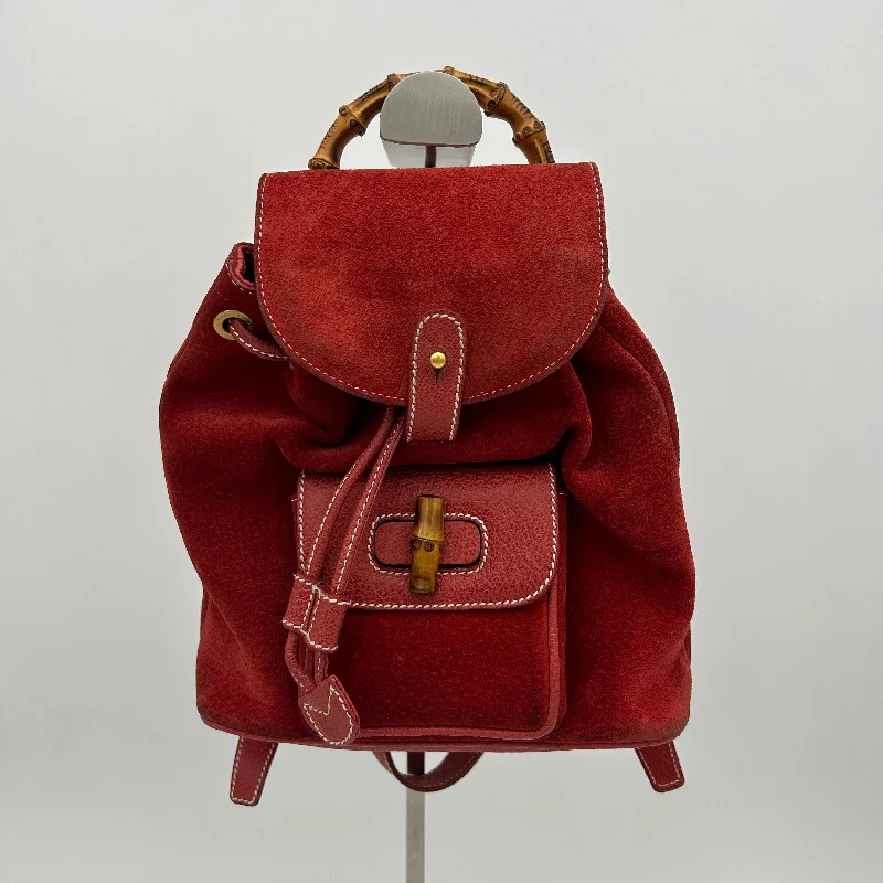 Eco-friendly backpack made from recycled materials -Gucci Red Canvas Leather Bamboo Handle Backpack