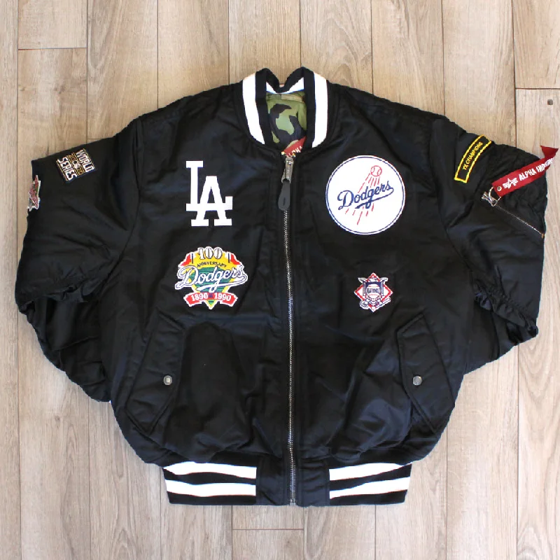 Pink Jackets for Feminine -Jackets for oversized looks-New Era Cap X Alpha Industries Collab MA-1M LOS ANGELES DODGERS Nylon Bomber Jacket (Black Camo)