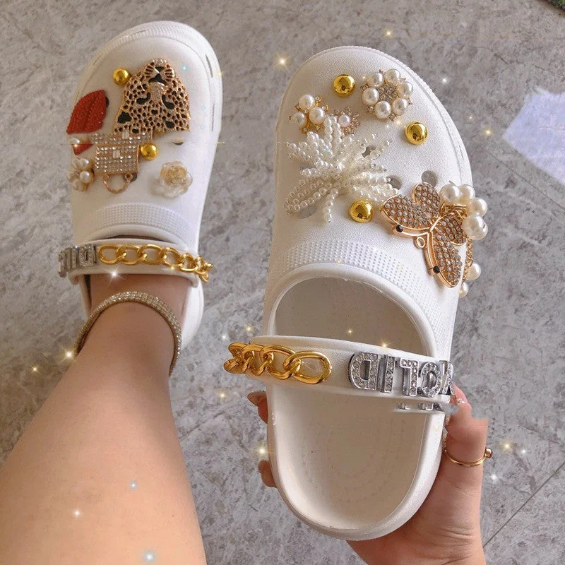 High-heeled sandals for women with open-toe design and fashionable embellishments-Sandals for road trips-Beach Clog Style Sandals with Charms.