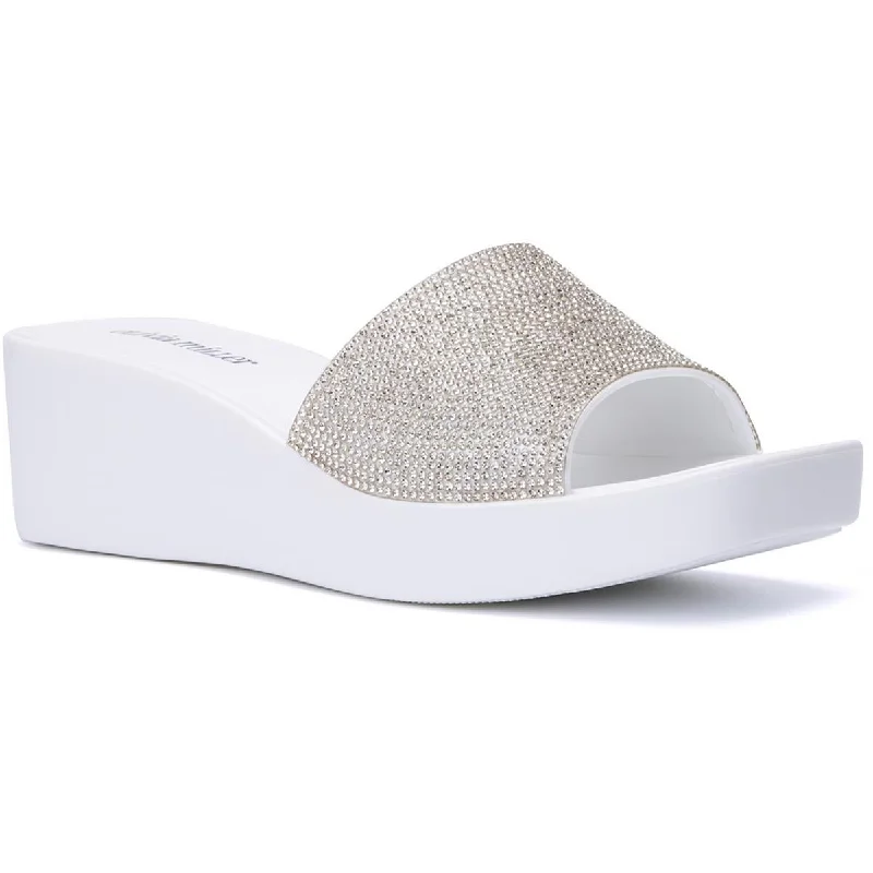 Elegant sandals for evening wear with crystal embellishments and high heels-Sandals for music concerts-Olivia Miller Womens Wendy Embellished Slip-On Wedge Sandals