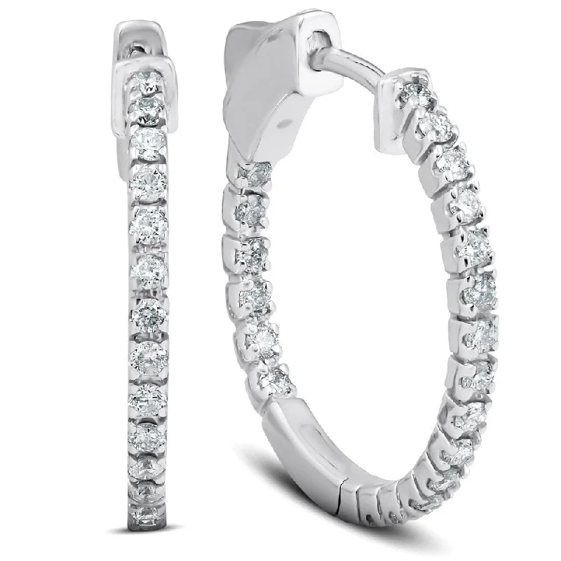 Best hoop earrings with geometric shapes for a modern and artistic appeal-Hoop earrings with crystals-1/2 Ct Diamond Inside Outside Hoops 14k White Gold Vault Lock 1" Tall