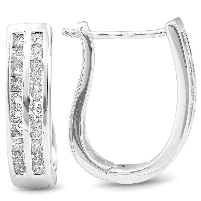 Best hoop earrings with geometric pendants for a modern, chic appeal-Continuous hoop earrings-1 cttw Princess Cut Diamond Double Row Hoops 10K White Gold 3/4" Tall