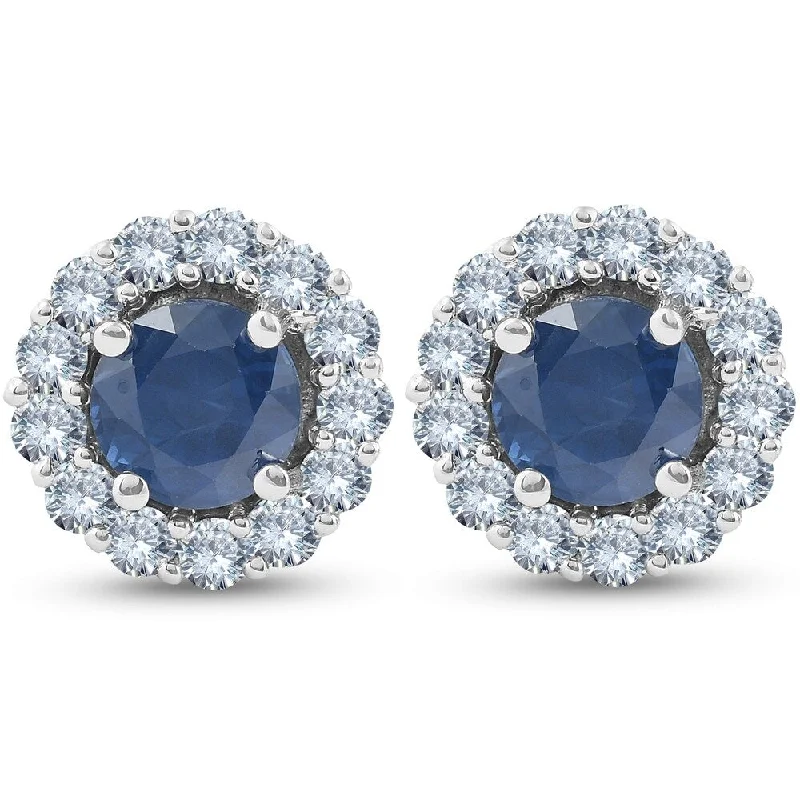 Hoop earrings with removable pendants for a versatile and customizable accessory-Hoop earrings with geometric patterns-2 1/5 Ct Halo Diamond & Blue Sapphire Studs 14k White Gold (G-H, I1)