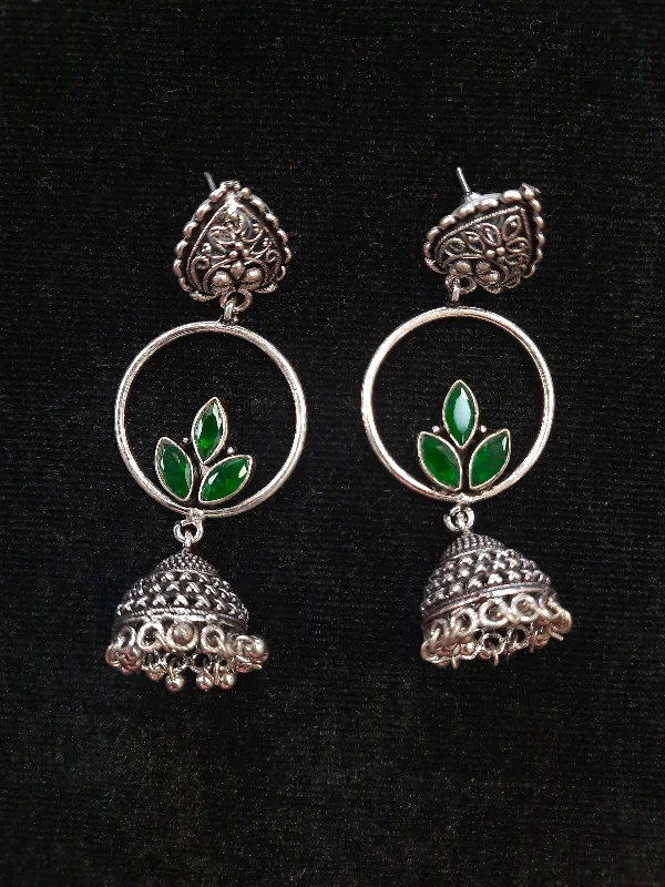 Best hoop earrings with vintage rhinestone embellishments for a retro-glam effect-Waterproof hoop earrings-Alluring Green Color Floral Design Silver Oxidized Jhumka For women