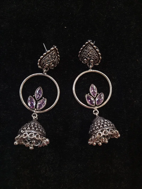 Hoop earrings with textured gold for a refined and sophisticated aesthetic-Small hoop earrings-Alluring Lavender Color Floral Design Silver Oxidized Jhumka For Women