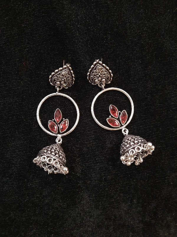 Best hoop earrings with enamel details for a colorful and modern look-Hoop earrings for sensitive ears-Alluring Red Color Floral Design Silver Oxidized Jhumka For Women