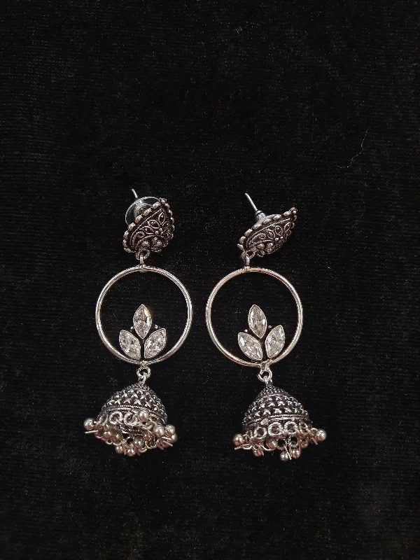 Hoop earrings with rhinestone-studded rims for a glamorous touch-Heavy hoop earrings-Alluring White Color Floral Design Silver Oxidized Jhumka For Women