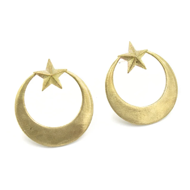 Hoop earrings with a chunky design for a bold and trendy statement-Hoop earrings for summer-Crescent Star Hoop Studs - Brass