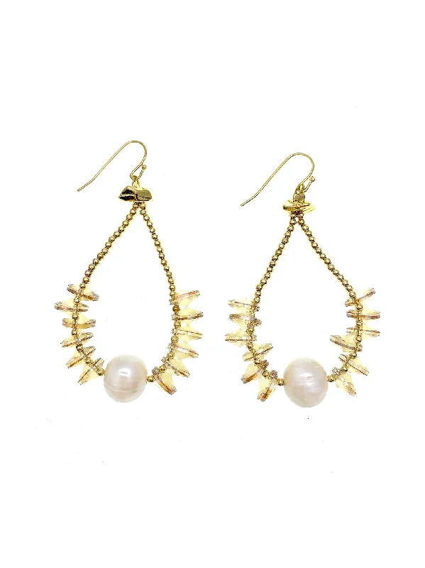 Best hoop earrings with gold-plated finishes for an affordable luxury vibe-Hoop earrings with birthstones-Golden Crystals & Freshwater Pearl Hook Earrings FE026