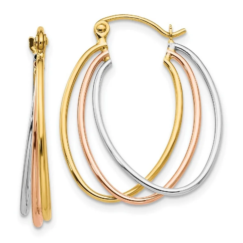 Best hoop earrings with geometric shapes for a modern and artistic appeal-Hoop earrings with crystals-Curata 14K Tri Color Gold 12x4mm Triple Hoop Earrings