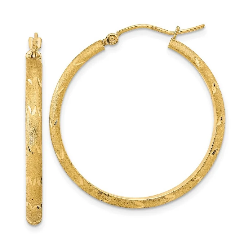 Hoop earrings with luxe velvet finishes for a rich and luxurious touch-Lever-back hoop earrings-Curata 14k Yellow Gold Satin Sparkle Cut Hoop Earrings 32.2x2.75mm