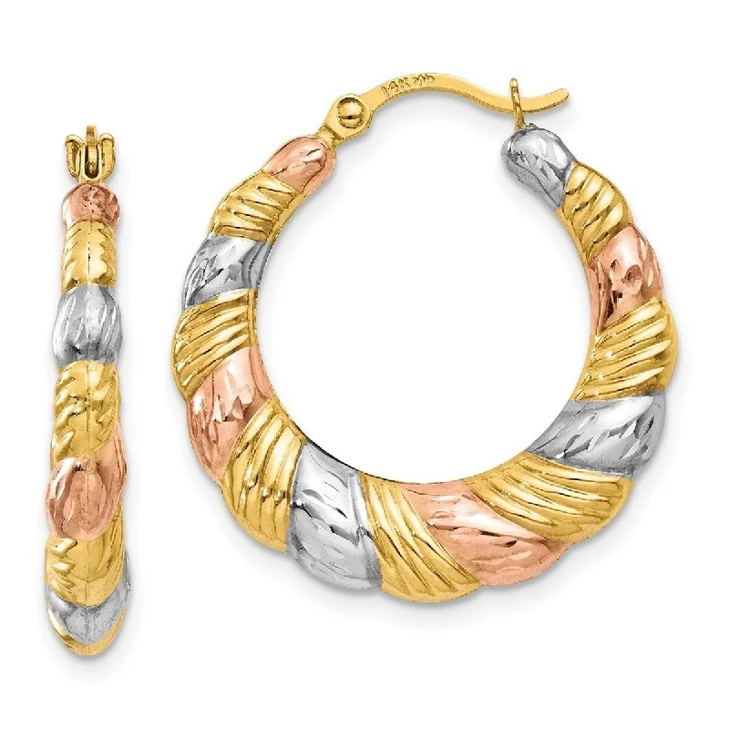 Best hoop earrings with matching bracelets for a coordinated jewelry set-Hoop earrings in resin-Curata 14k Yellow Gold Textured White And Rose Rhodium 3x23mm Scalloped Hoop Earrings