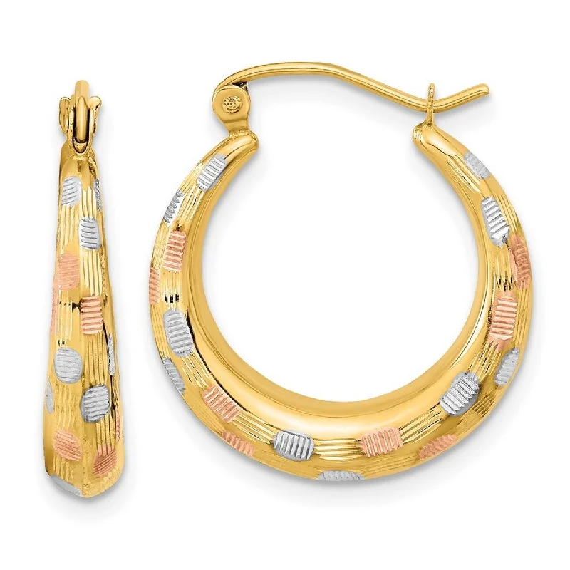 Best hoop earrings with oval shapes for a unique and elongated design-Hoop earrings with abstract art-Curata 14k Yellow Gold White and Rose Rhodium Satin And Sparkle Cut Hoop Earrings 22.63x20.55mm