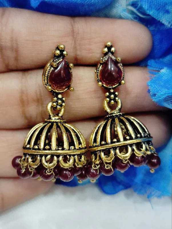 Best hoop earrings with geometric cuts for a sharp, modern appeal-Affordable hoop earrings-Mesmerizing Maroon Color Antique Gold Drop Design Earrings For Women