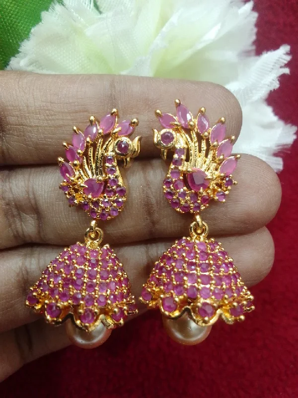 Hoop earrings with pearl accents for a chic and classic style-Hoop earrings with gemstones-Stunning Ruby Gold Plated Peacock Design Earrings For Women