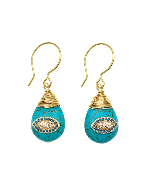 Best hoop earrings with geometric shapes for a modern and artistic appeal-Hoop earrings with crystals-Evil Eye on Turquoise Stone Earrings EE011