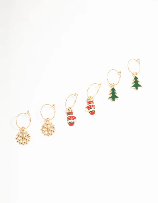 Best hoop earrings with geometric shapes for a modern and artistic appeal-Hoop earrings with crystals-Gold, Green & Red Sleeper Earrings 3-Pack