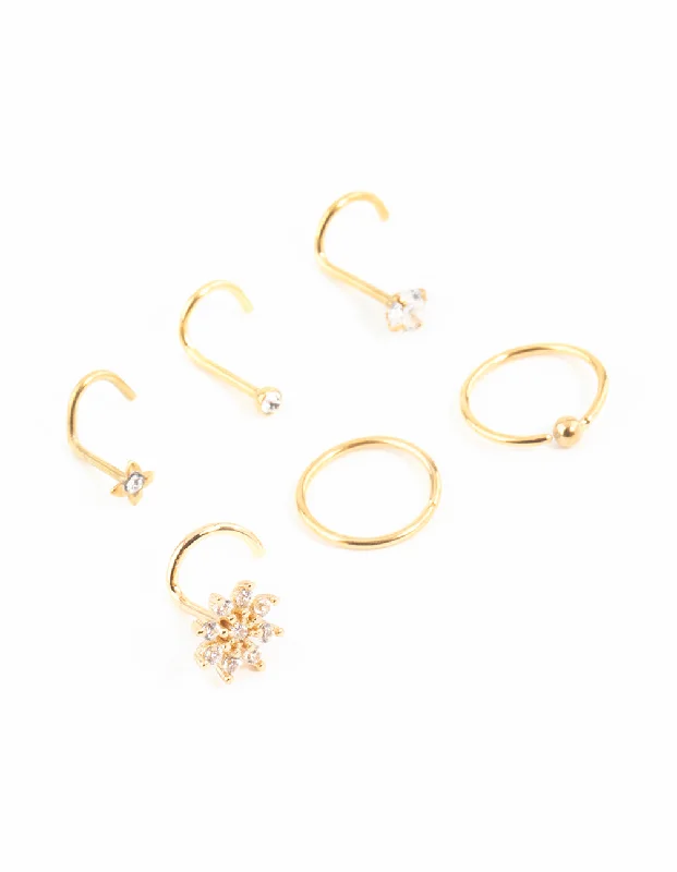 Best hoop earrings with matte finish for a sophisticated, understated design-Custom hoop earrings-Gold Plated Surgical Steel Cubic Zirconia Flower Nose Ring & Stud 6-Pack