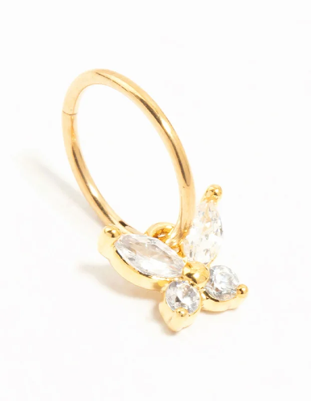 Classic hoop earrings with a thin profile for a sleek and subtle style-Hoop earrings for daily wear-Gold Plated Titanium Cubic Zirconia Butterfly Dangle Clicker Ring