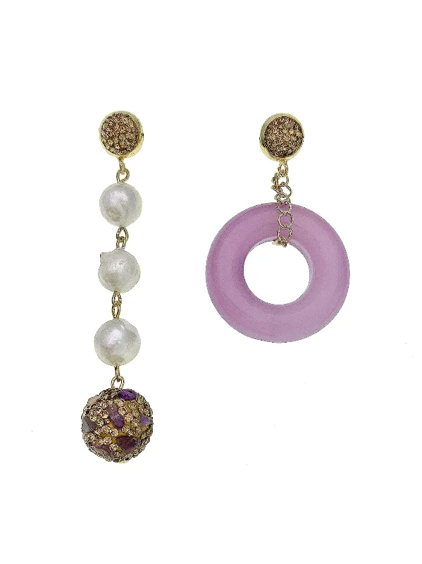 Best hoop earrings with enamel details for a colorful and modern look-Hoop earrings for sensitive ears-Pink Jade & Freshwater Pearls Asymmetric Earrings EE029