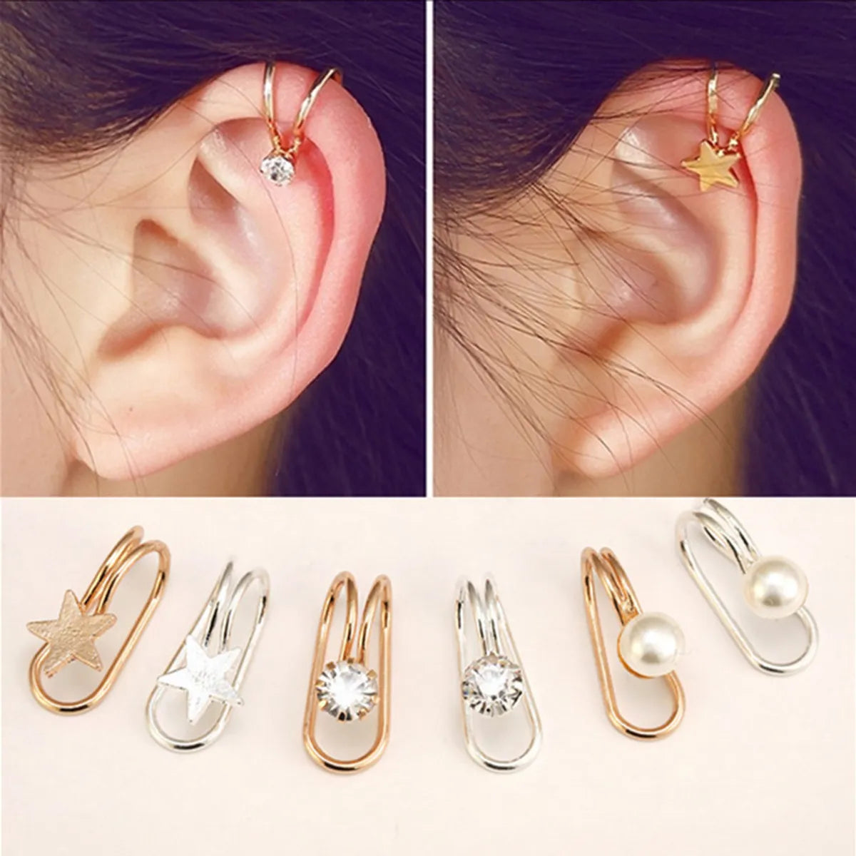 Hoop earrings with a chunky design for a bold and trendy statement-Hoop earrings for summer-Korean Creative Pearl Earrings Temperament Single Diamond Star Ear Clip U-Shaped Ear Clip Single Set