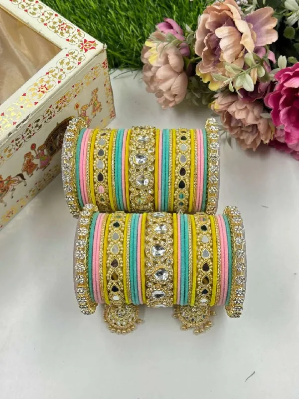 Best hoop earrings with delicate chain details for a trendy and stylish design-Hoop earrings with stars-Kundan Velvet Bridal Chooda Set