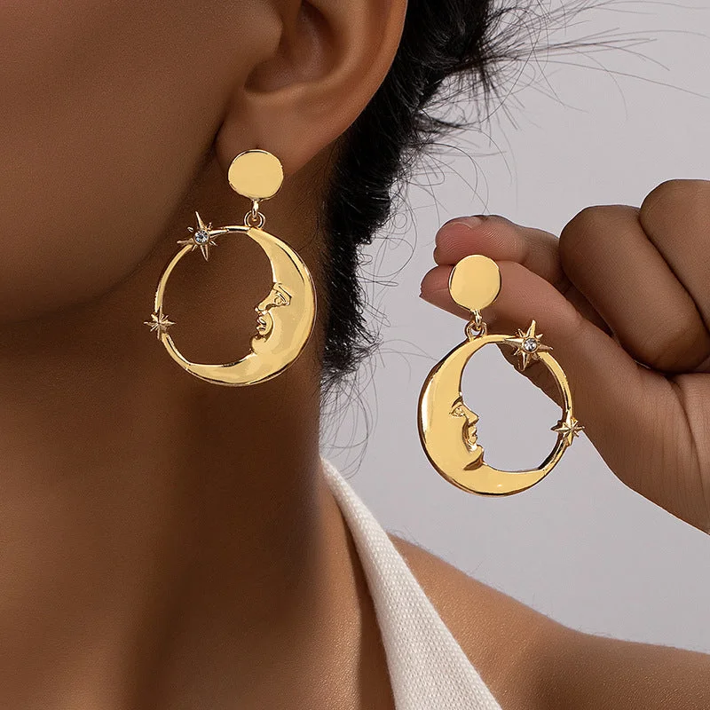 Hoop earrings with tortoiseshell designs for a chic and classic style-Thin hoop earrings-LOVCIA Elegant Moon Star Fashion Earrings for Women