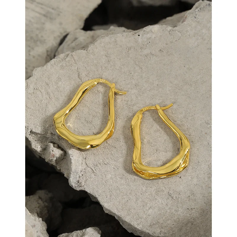 Hoop earrings with resin accents for a bold and colorful design-Solid hoop earrings-LOVCIA Elegant U-Shaped 925 Sterling Silver Irregular Wave Hoop Earrings for Women