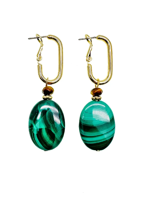 Hoop earrings with diamond-cut surfaces for added sparkle and shine-Hoop earrings with dangling pendants-Oval Malachite Dangle Earrings JE037