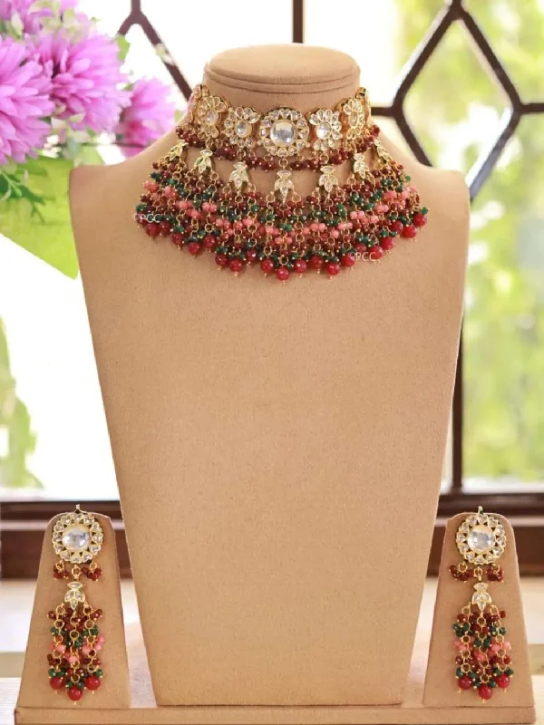 Hoop earrings with rhinestone embellishments for a glamorous and sparkling look-Hoop earrings with charms-Red And Green Enamred Kundan Choker