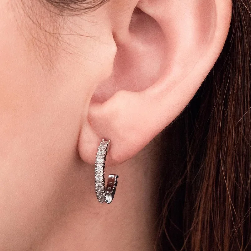 Best hoop earrings with geometric hexagon shapes for a modern, angular look-Hoop earrings in leather-Rhodium Plated Half Hoop Cubic Zirconia Earrings