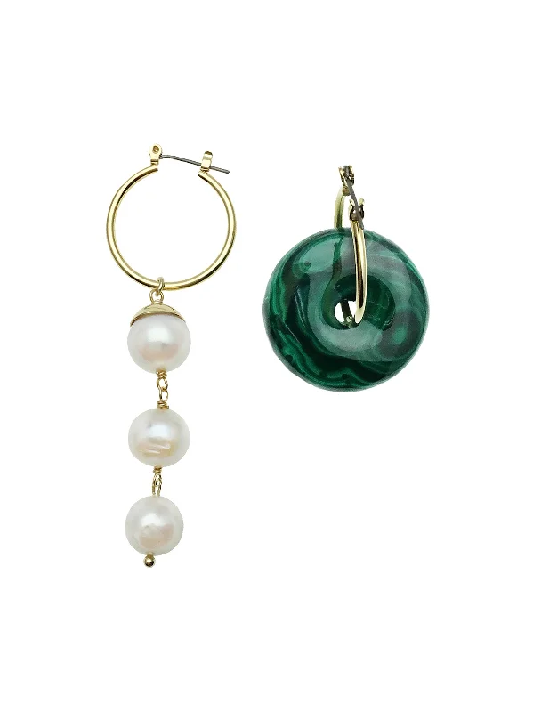 Hoop earrings with hammered copper for a warm and rustic aesthetic-Magnetic hoop earrings-Donut Shaped Malachite & Freshwater Pearls Asymmetric Earrings CE033