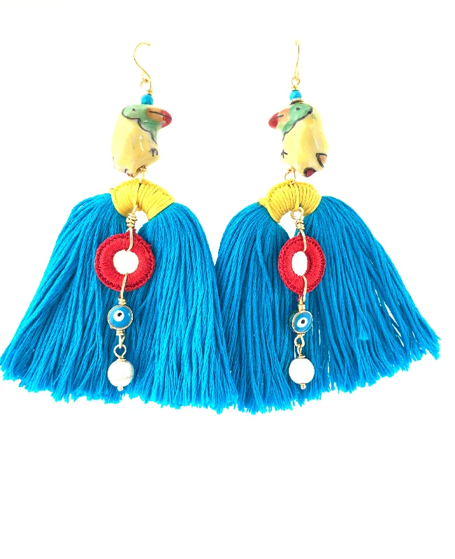 Best hoop earrings with stacked layers for a dimensional and bold look-Celebrity-inspired hoop earrings-Tropical tassel turquoise