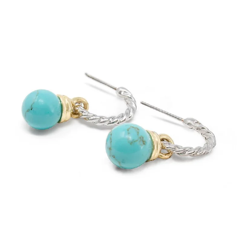 Hoop earrings with abstract wirework for an artistic, unique look-Luxury hoop earrings-Two Tone Cable Earrings Turquoise Ball