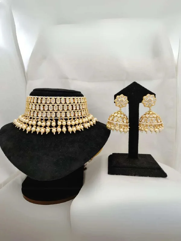 Hoop earrings with diamond-cut surfaces for added sparkle and shine-Hoop earrings with dangling pendants-White Pearls Gold Kundan Choker Jhumki Set