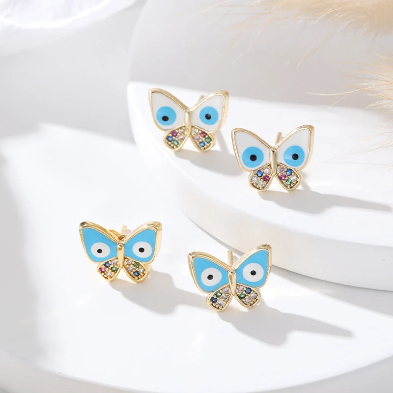 Best hoop earrings with butterfly motifs for a playful and whimsical appearance-Hoop earrings in silver-Wholesale Gold Plated Devil Eye Butterfly Copper Ear Studs