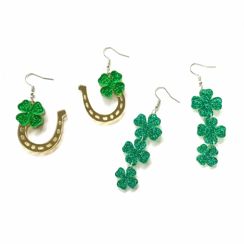 Hoop earrings with artistic filigree designs for an intricate, delicate finish-Hoop earrings in mixed metals-Wholesale St. Patrick's Day Glitter Clover Acrylic Earrings