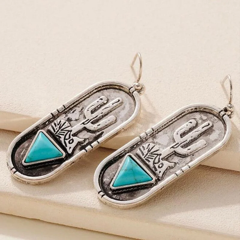 Best hoop earrings with custom engravings for a personalized and meaningful gift-Hoop earrings with tribal design-Wholesale Vintage Oval Cactus Alloy Earrings